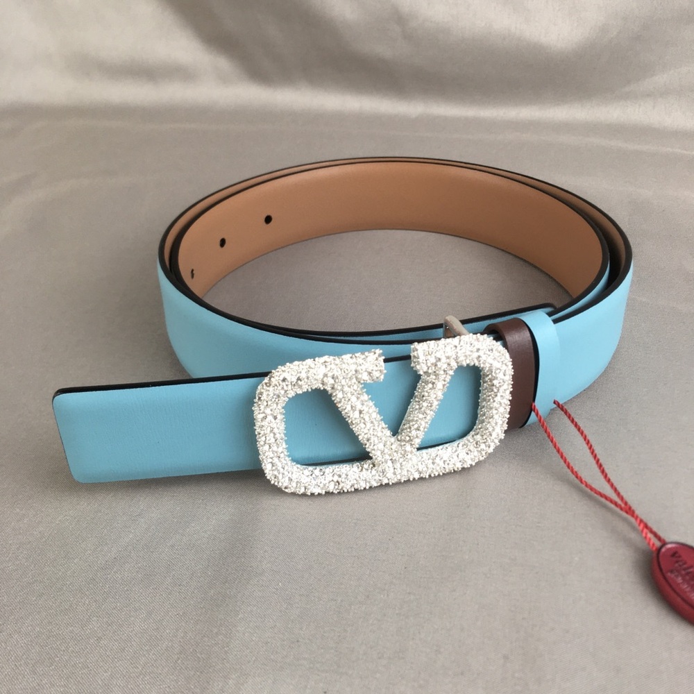Valentino Garavani Light Blue Crystal VLOGO Belt with Full Packaging